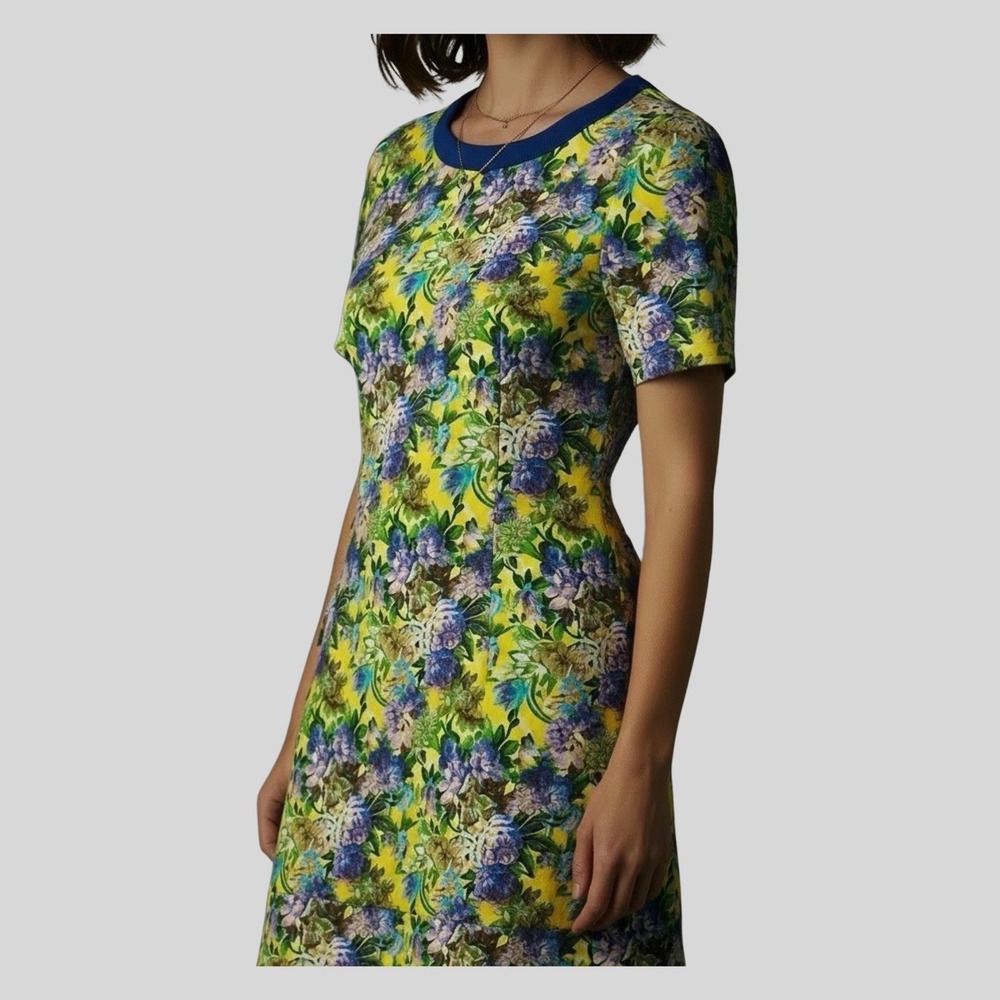 Yellow‎ Mini Floral Dress Womens Small  Fitted Short Sleeve Summer Dress